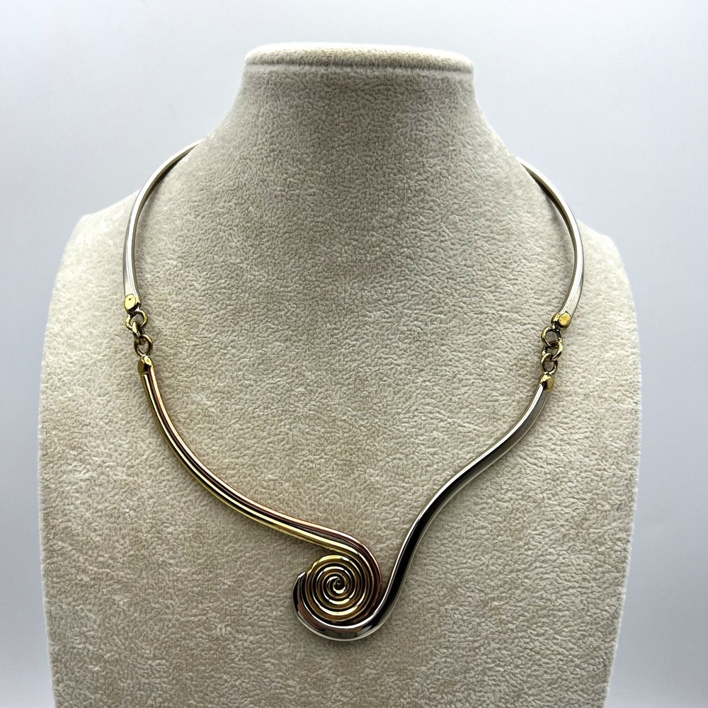 Vintage 70s Alamo Tri Color Hinged Torque Style Artisan Modernist Swirl Necklace